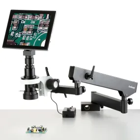 AmScope H800 Series Zoom Digital Inspection Monocular Stereo Microscope 0.7X-5X Magnification on Articulating Arm with LED Ring Light and 9.7" Touchscreen Imaging System