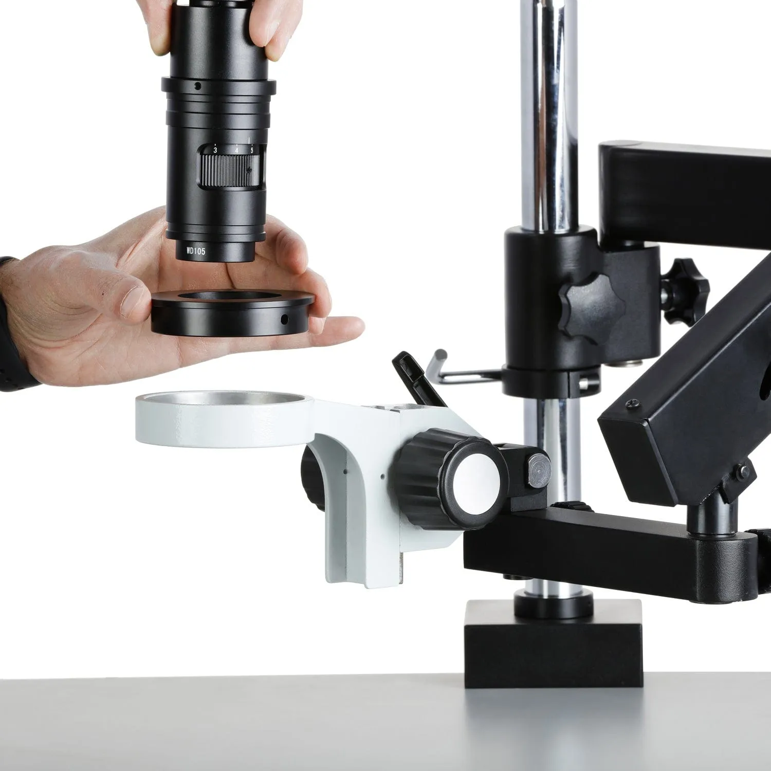 AmScope H800 Series Zoom Digital Inspection Monocular Stereo Microscope 0.7X-5X Magnification on Articulating Arm with Pillar, LED Ring Light and 9.7" Touchscreen Imaging System