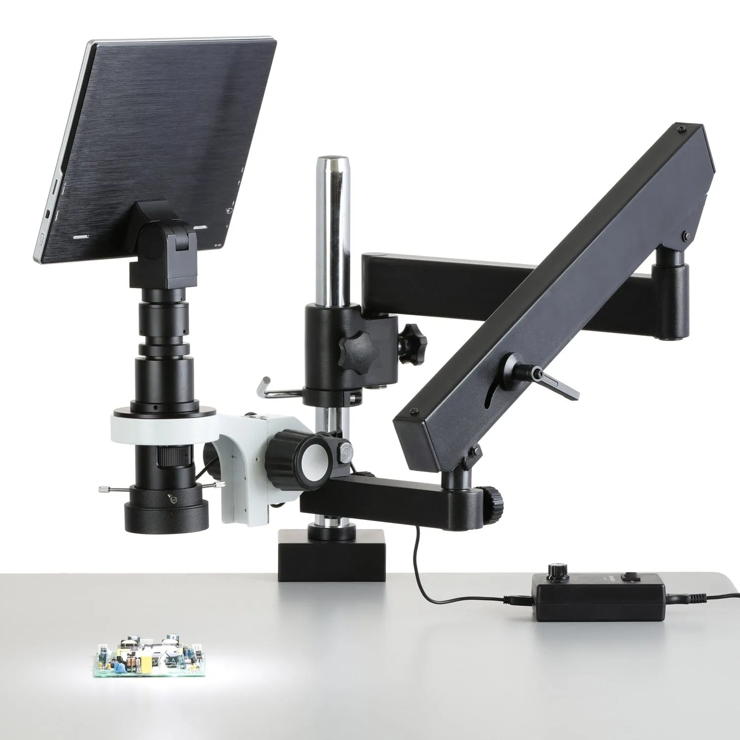 AmScope H800 Series Zoom Digital Inspection Monocular Stereo Microscope 0.7X-5X Magnification on Articulating Arm with Pillar, LED Ring Light and 9.7" Touchscreen Imaging System