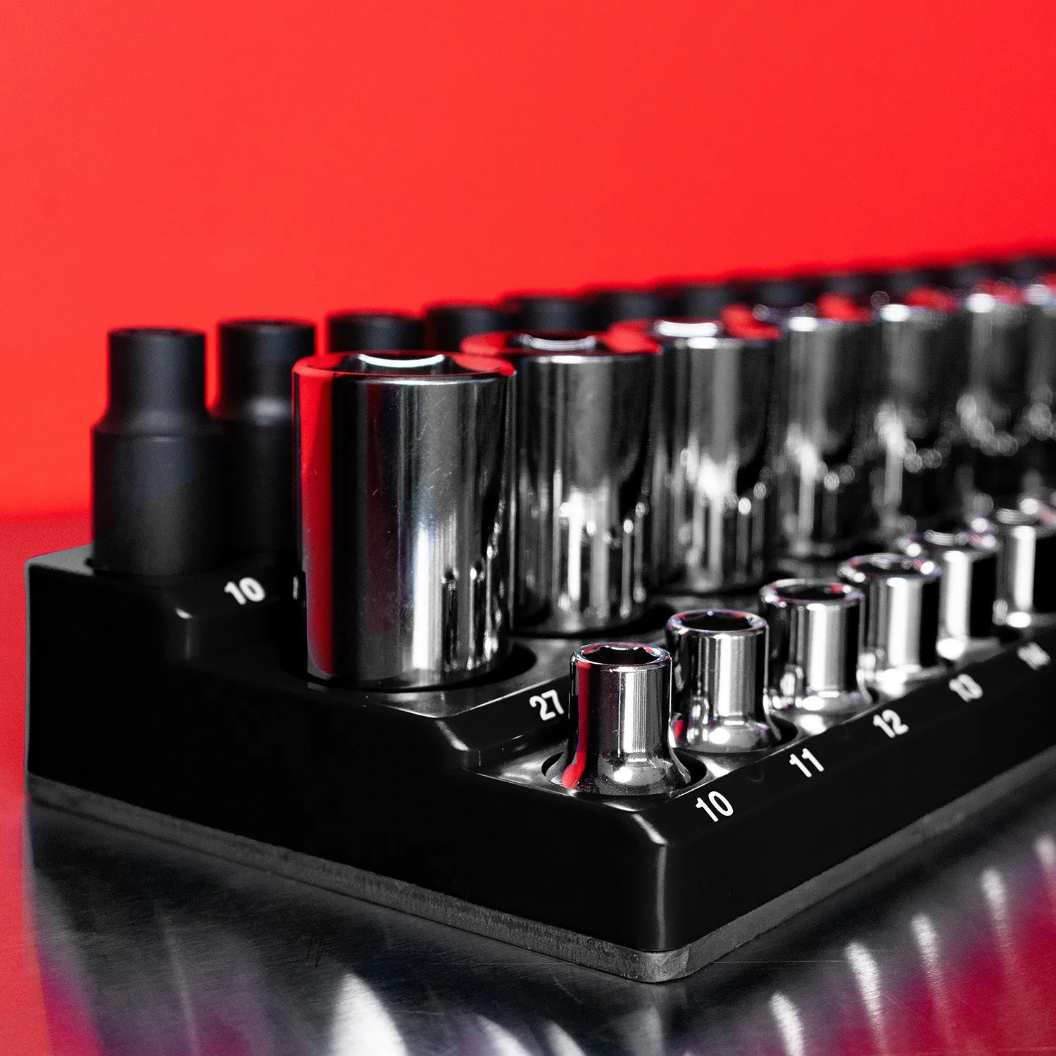 Chrome and Impact Sockets with a 3-Row Magnetic Socket Organizer