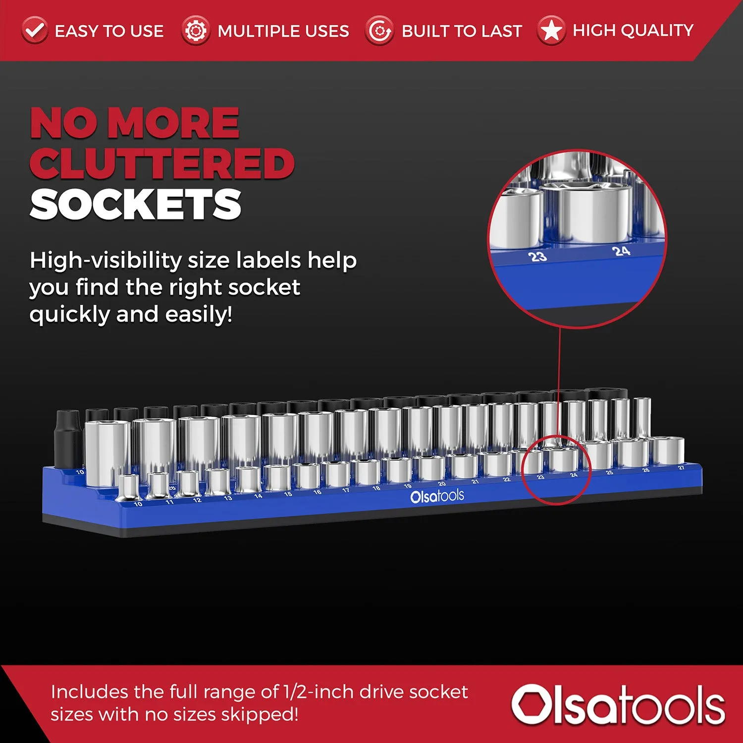 Chrome and Impact Sockets with a 3-Row Magnetic Socket Organizer