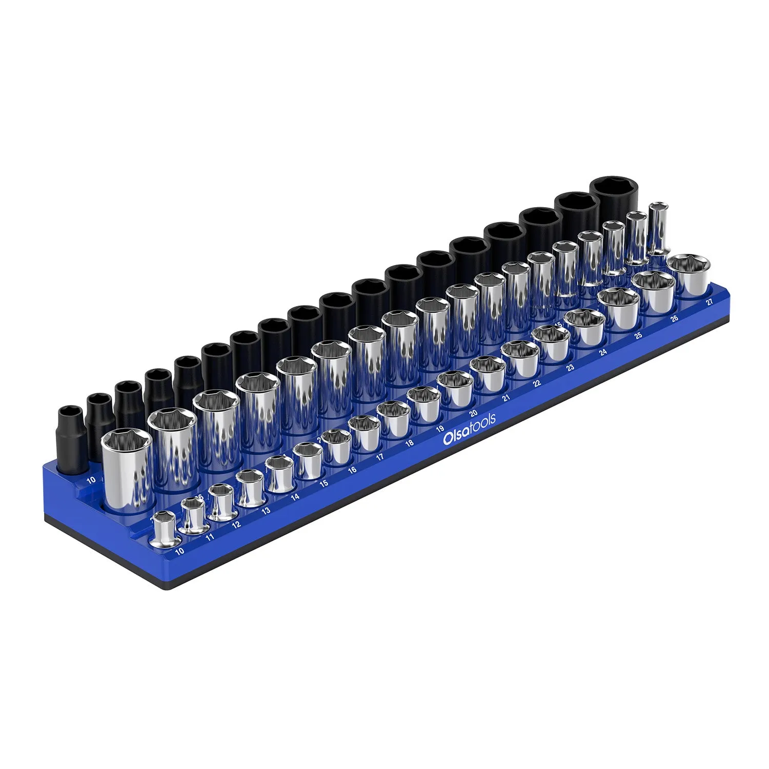 Chrome and Impact Sockets with a 3-Row Magnetic Socket Organizer