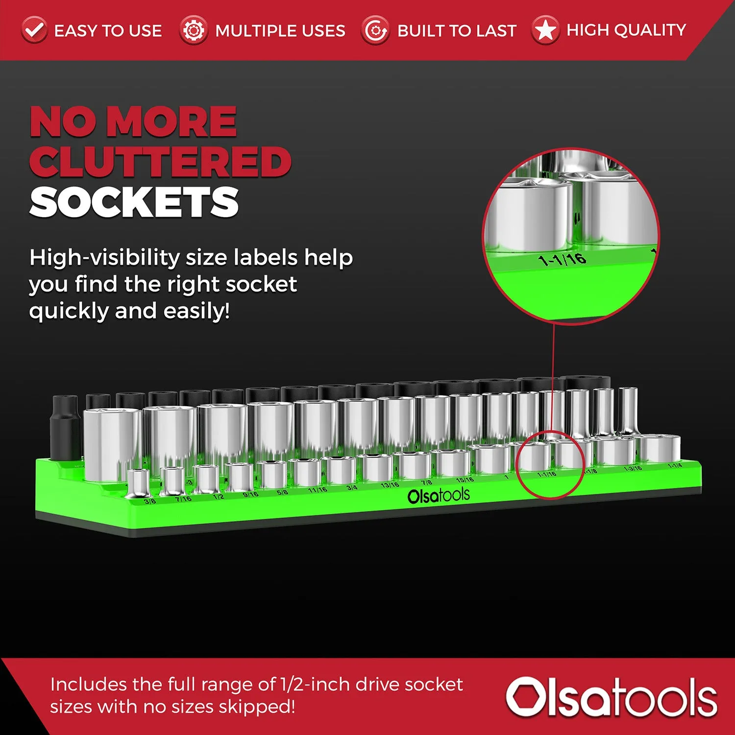 Chrome and Impact Sockets with a 3-Row Magnetic Socket Organizer