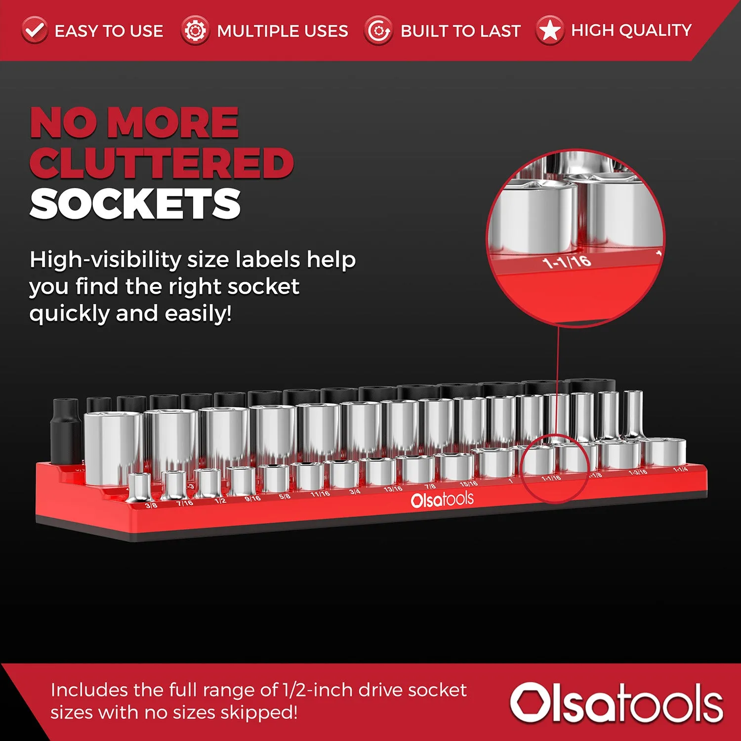 Chrome and Impact Sockets with a 3-Row Magnetic Socket Organizer