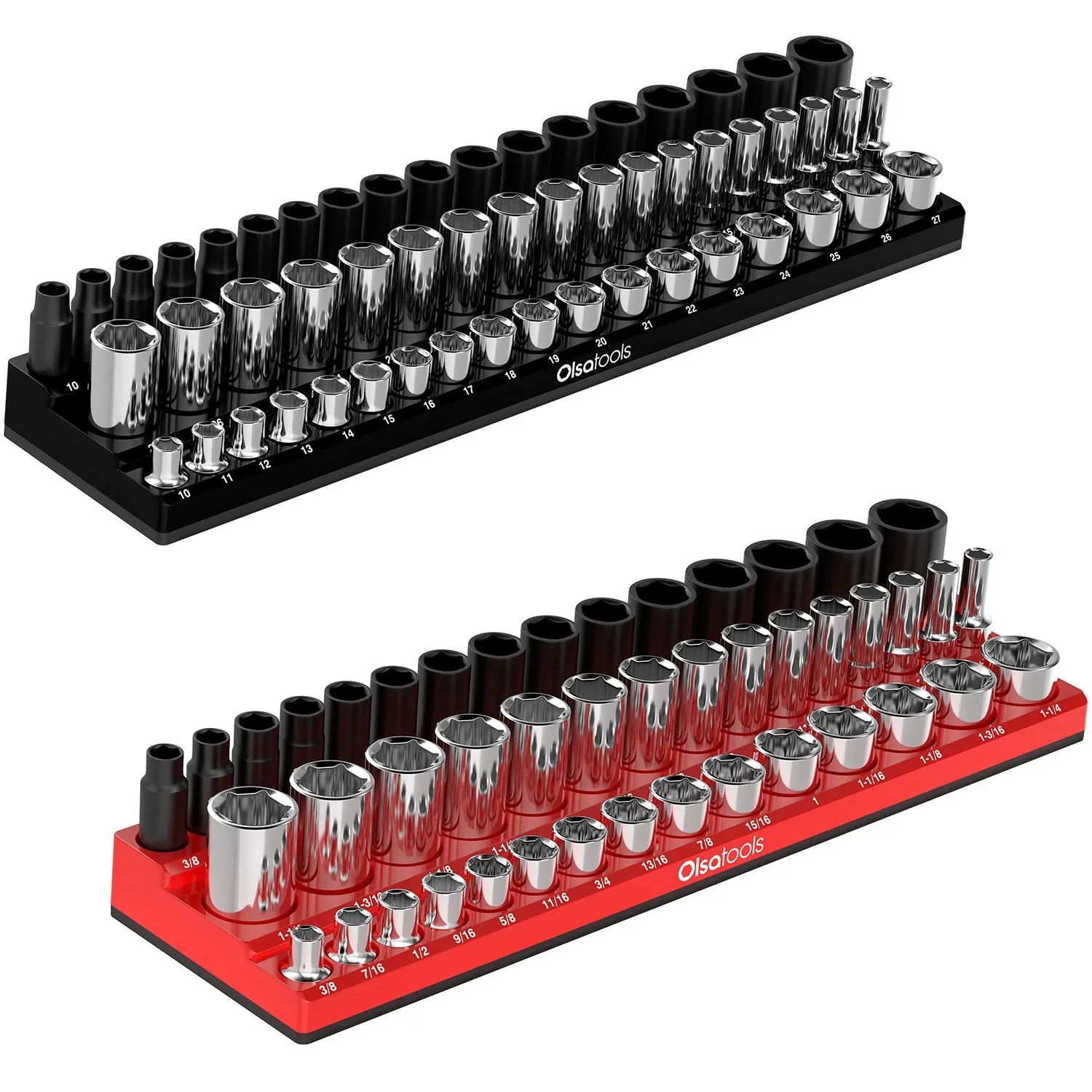 Chrome and Impact Sockets with a 3-Row Magnetic Socket Organizer