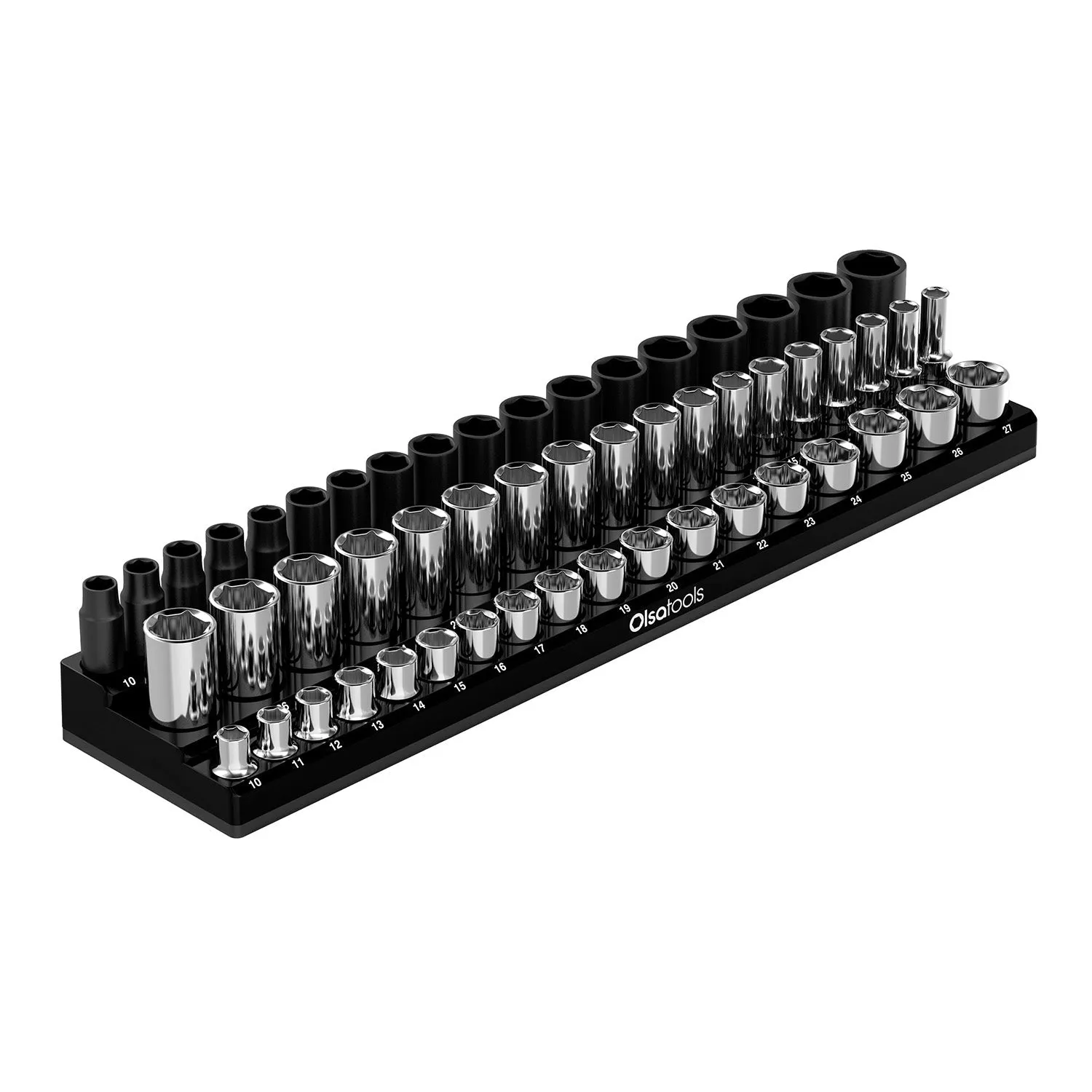 Chrome and Impact Sockets with a 3-Row Magnetic Socket Organizer