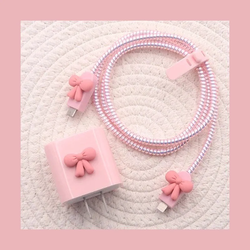 Cute Pink Solid Ribbon Shaped Decor Design Protective Shockproof iPhone Charger Case   Holographic Cable Wire Cover for Charger Longevity