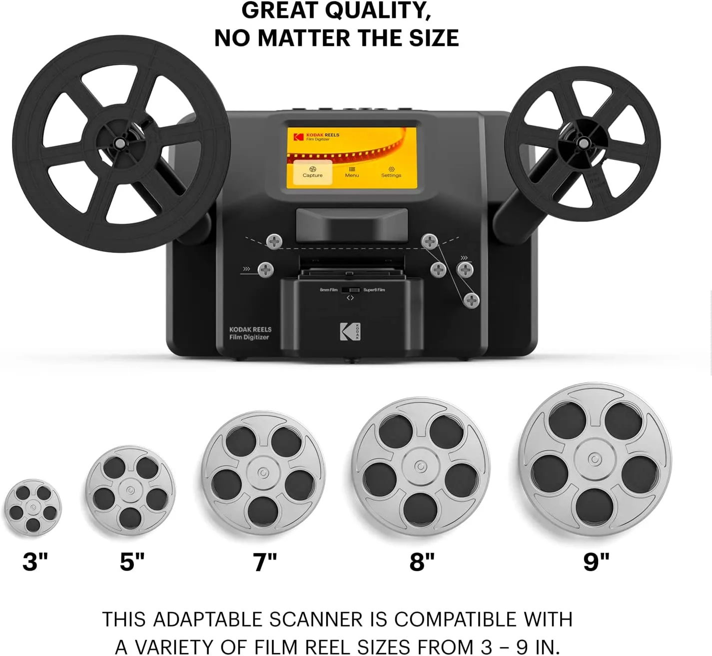 KODAK REELS 8Mm & Super 8 Films Digitizer Converter with Big 5” Screen, Scanner Converts Film Frame by to Digital MP4 Files for Viewing, Sharing Saving on SD Card 3” 4” 7” and 9” Black