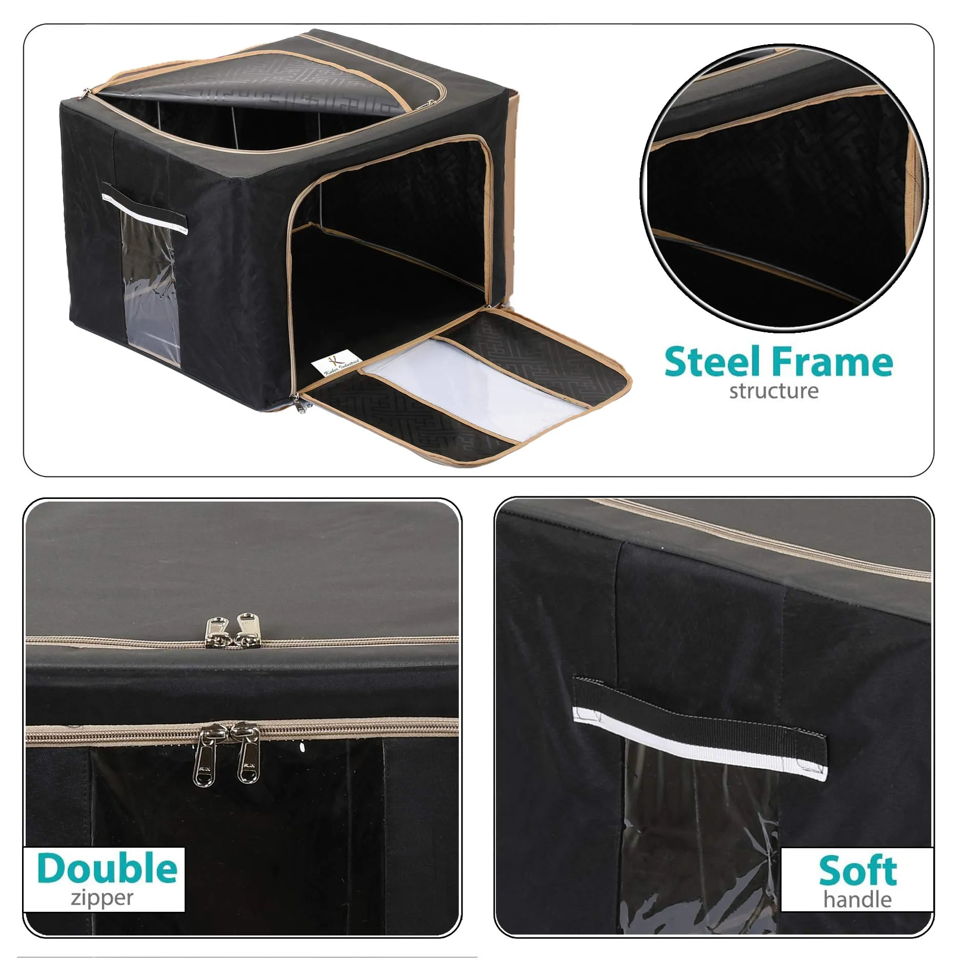 Kuber Industries Steel Frame Storage Box/Organizer For Clothing|Blankets, Bedding With Clear Window|Capicity, 24Ltr, Pack of 2 (Black & Grey, Oxford Fabric)-44KM0291