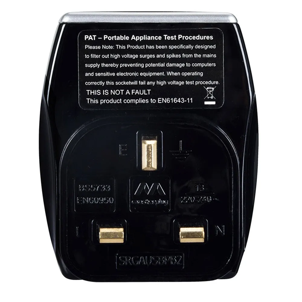 Masterplug High Gloss 2 USB (3.1A) Surge Adaptor Black (SRGAUSBPB3-MPA)