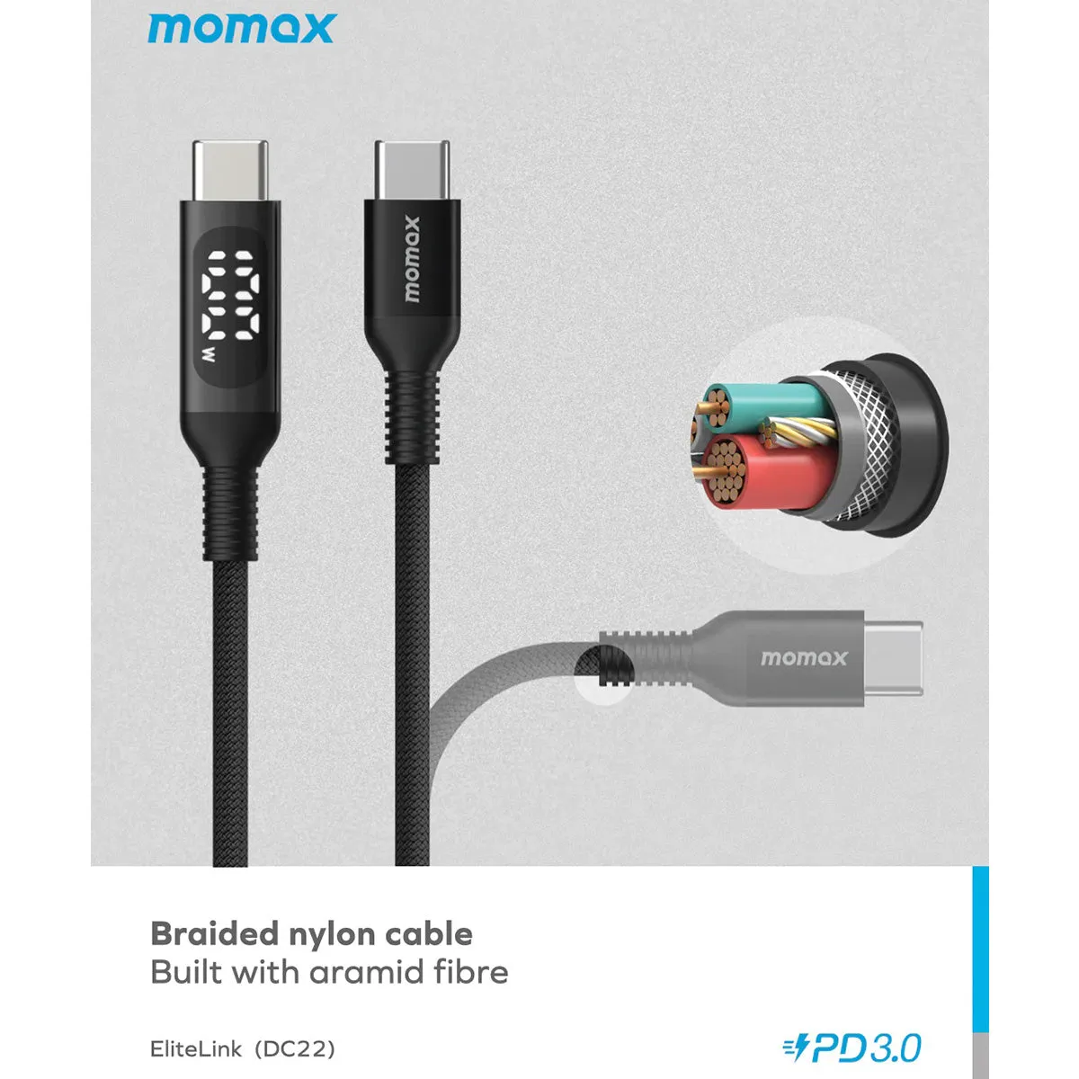 Momax Elitelink USB-C to USB-C PD 100W LED Lylon Braided Fast Charging Cable (1.2m)