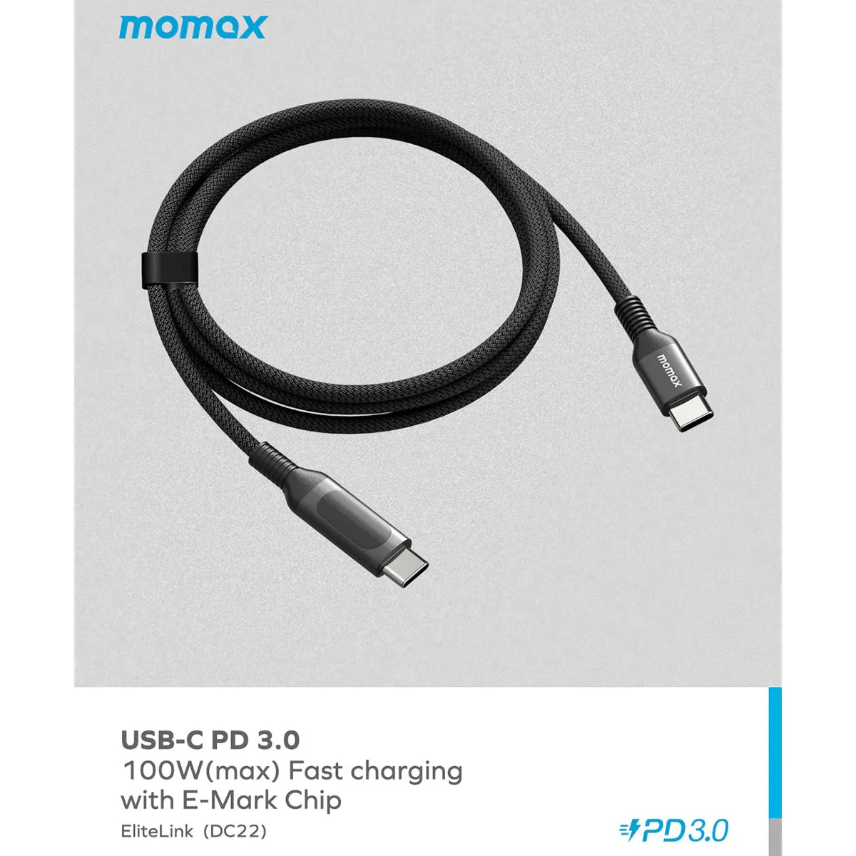 Momax Elitelink USB-C to USB-C PD 100W LED Lylon Braided Fast Charging Cable (1.2m)