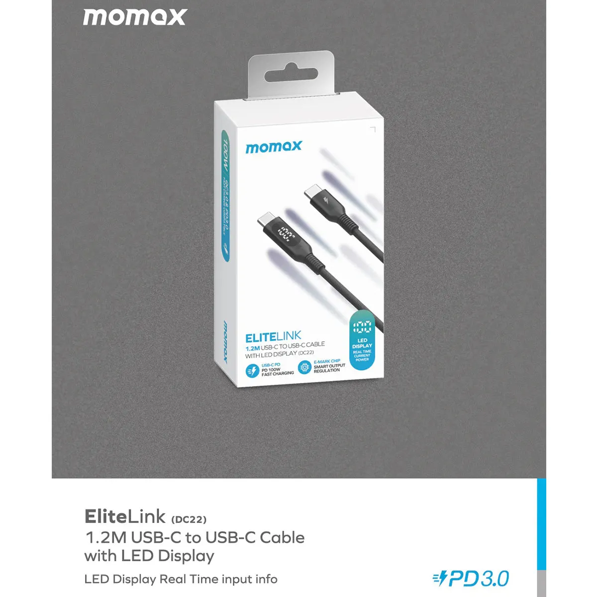 Momax Elitelink USB-C to USB-C PD 100W LED Lylon Braided Fast Charging Cable (1.2m)