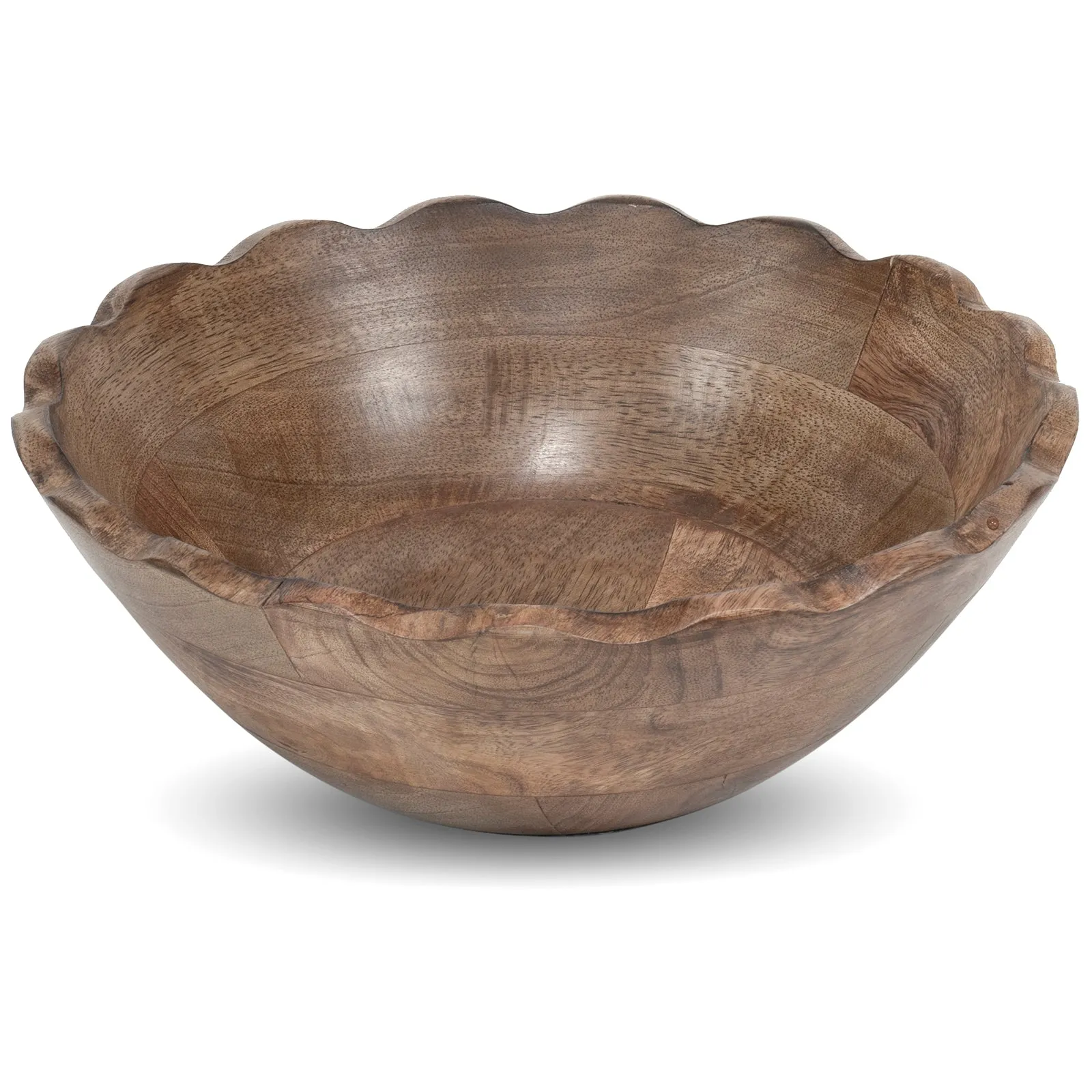 Red Co. 9.75” Large Decorative Wooden Centerpiece Serving Bowl with Wavy Edge, Natural Brown