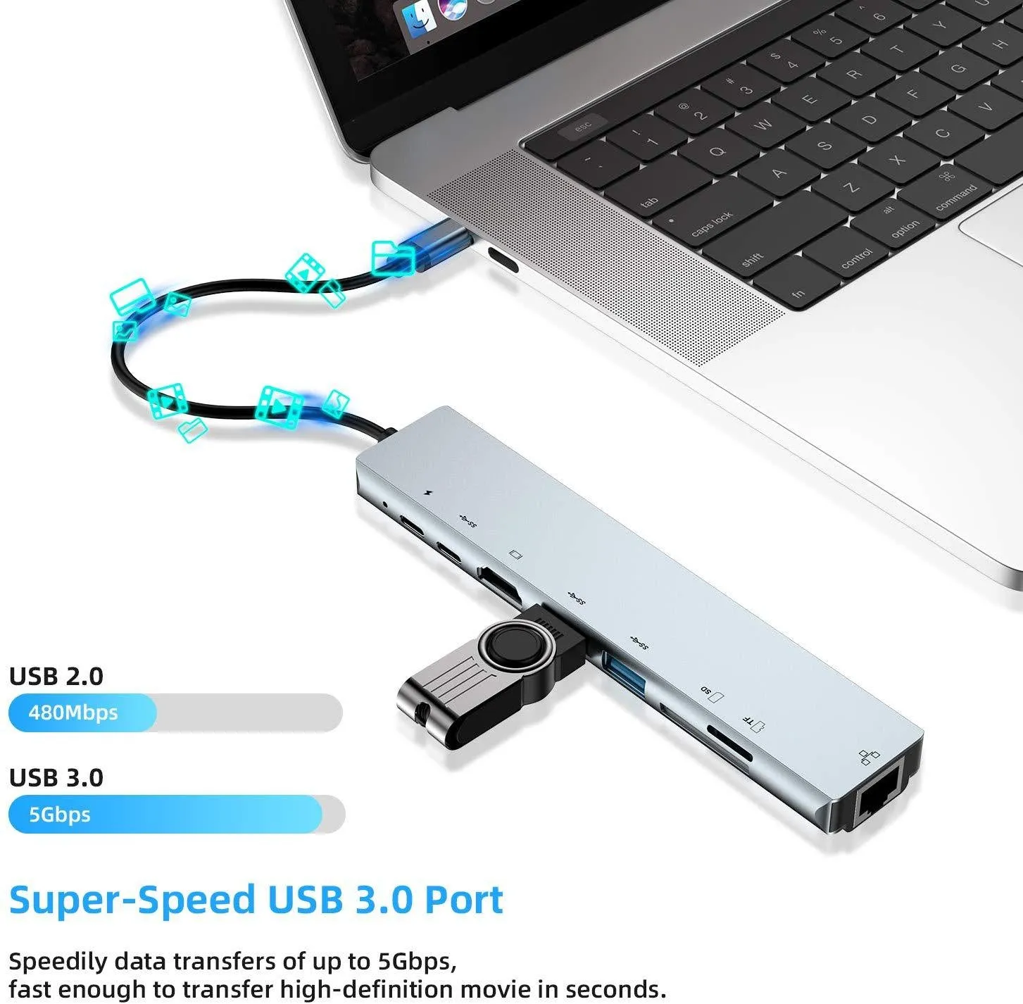 Type-c 8 in 1 Multi-Function Docking Station to HD Hdmi3.0usb Cable Seperater Card Reader Nic PD Power Supply