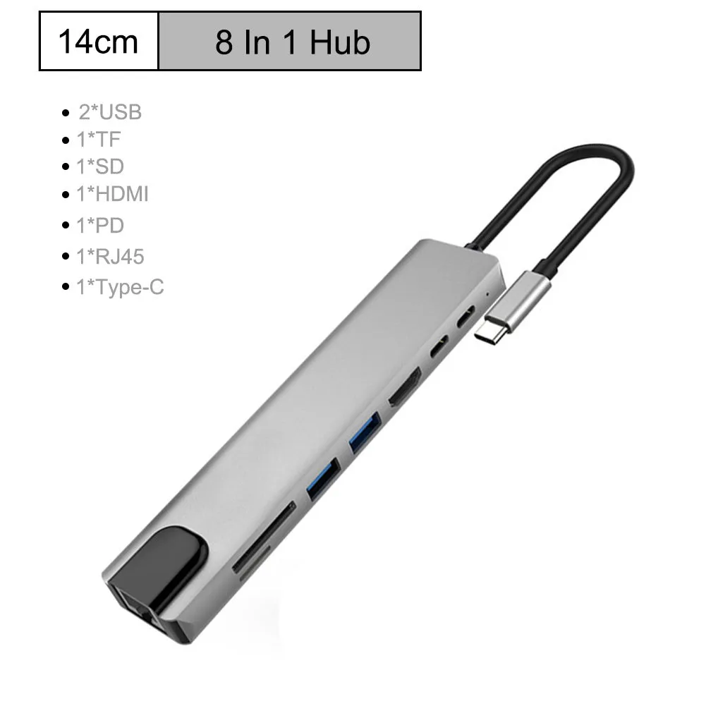 Type-c 8 in 1 Multi-Function Docking Station to HD Hdmi3.0usb Cable Seperater Card Reader Nic PD Power Supply